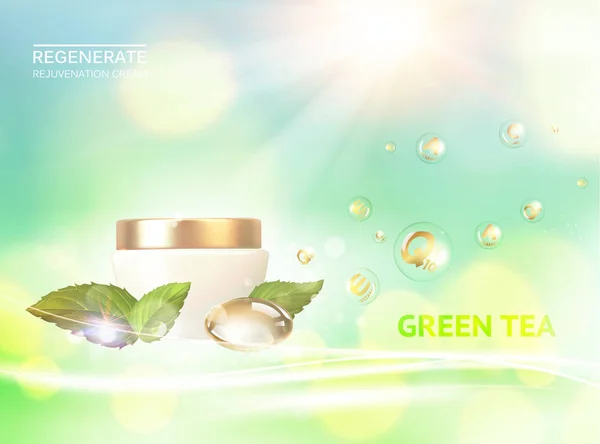Sklenice smetany na zeleném podkladu. Zářivá láhev bio-esence. Zvlhčovadlo se zeleným čajem a regenerovat smetanu. — Stockový vektor