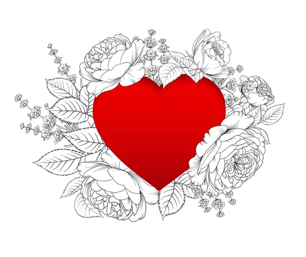 Karta s textovým místem a květinovými Garlandem. Levandule a růžovou kytici pro srdeční kartu. Tištěná Pozvánka s květinami na bílém. — Stockový vektor