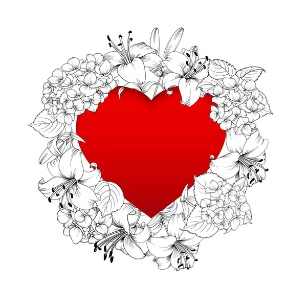 Rood hart in het midden van de afbeelding. Bloeiende bloemen Garland rond tekst plaats geïsoleerd over witte achtergrond. — Stockvector