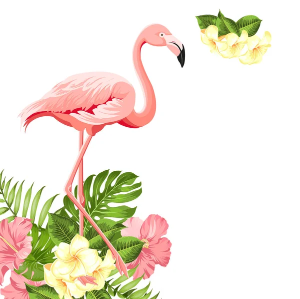 Prachtige tropische afbeelding met roze flamingo en Plumeria bloemen op een witte achtergrond. Exotische tropische palmboom. Flamingo achtergrond en jungle blad. De natuurlijke achtergrond — Stockvector