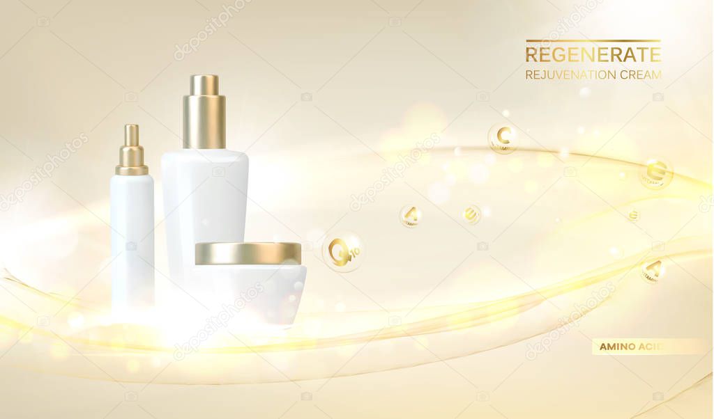 Collagen regenerates cream concept design. Bottles of cosmetic lotion and jar of cream. Women healthcare cosmetic in beautiful bottles over biege background.