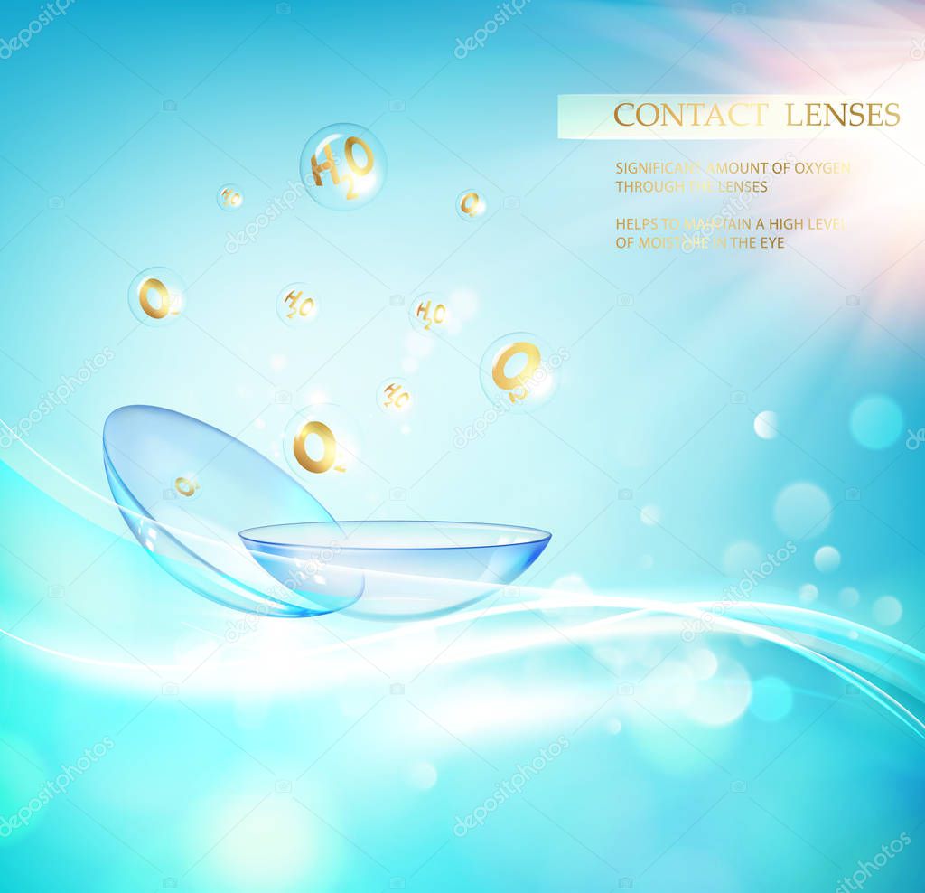 Contact lens concept with water wave flows over a blue background and two eye lenses.