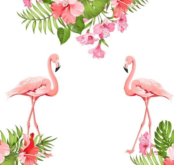Flamingo bird and plumeria flowers isolated over white background. Tropical birds and flowers illustration. Fashion summer print for invitation card and your template design.