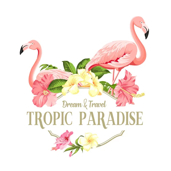 Flamingo Bird och Plumeria blommor isolerade över vit bakgrund. Tropiska fåglar och blommor illustration. Fashion Summer Print för inbjudningskort och din malldesign. — Stock vektor