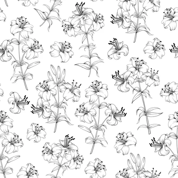Patrón sin costuras de flores de lirio. Fondo floral con lirios florecientes aislados sobre fondo blanco. Patrón sin costuras con lirios florecientes . — Archivo Imágenes Vectoriales