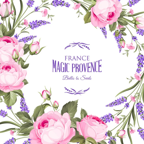 The frame of rose and lavender flowers on a white background. The label of soap package. Label with lavender flowers. Vector illustration.