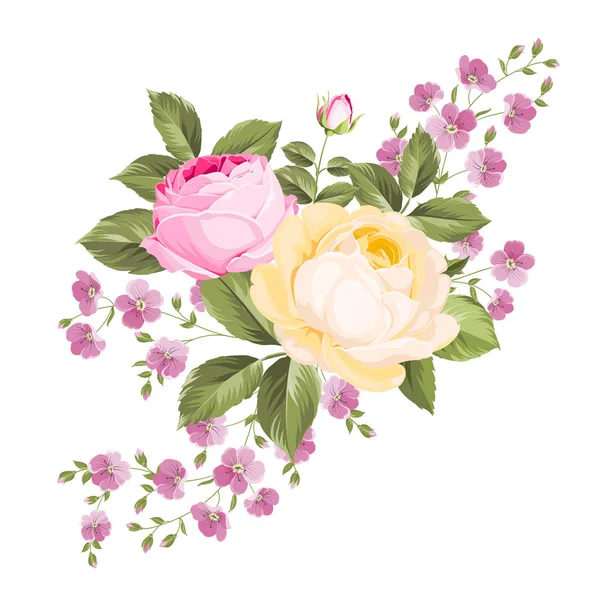 Vårblommor bukett färg bud krans. Etikett med Rosen blommor. — Stock vektor