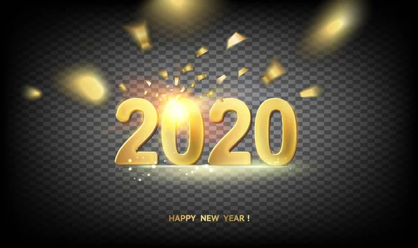 2020 New year background. Holiday label with fallen golden glitter confetti over black backdrop.