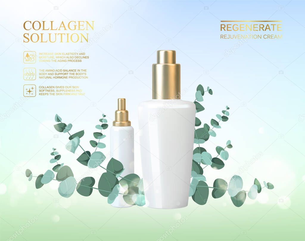 Bottle for cosmetic lotion and jar of cream. Regenerate cream for hands, white bottle over green background with tropical leaves of eucalyptus