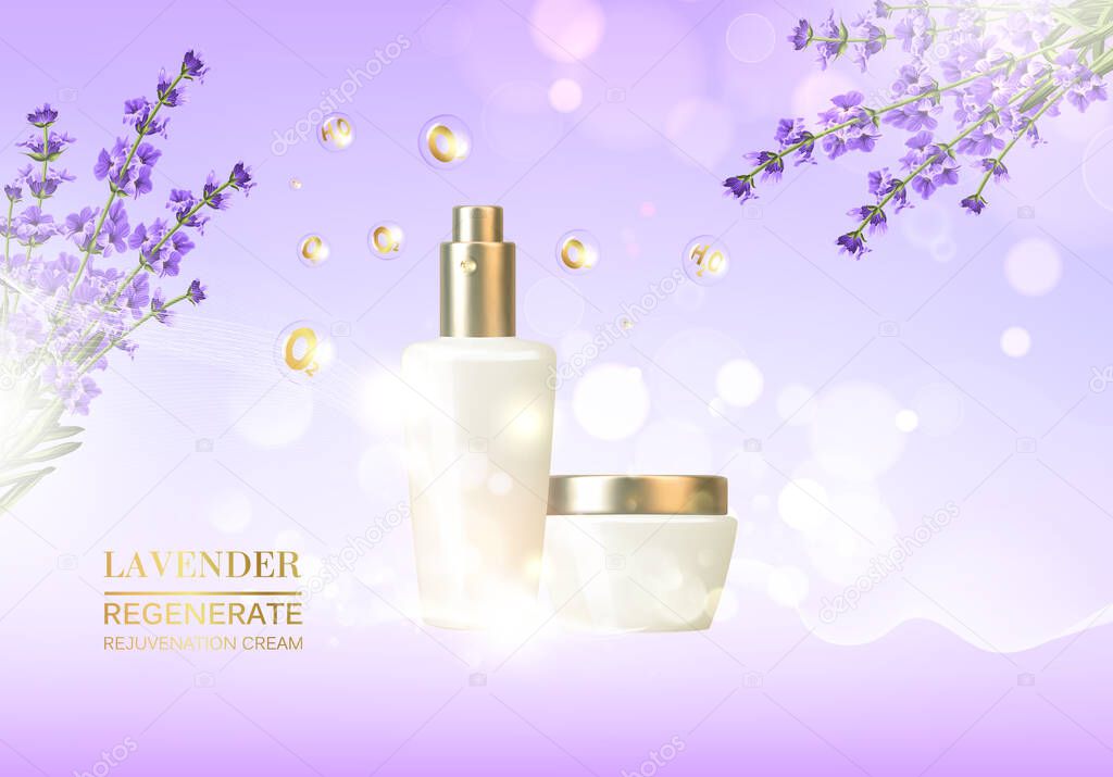 Lavender cosmetic label of organic cosmetic and skin care cream. Lavender cream and oil.