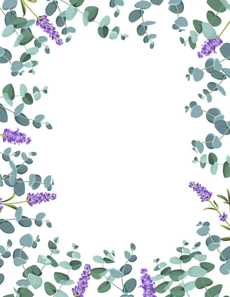 Eucaliptusとラベンダーの要素デザインテンプレート。フレームの花とシンプルなデザイン。ハーブベクトルフレーム — ストックベクタ