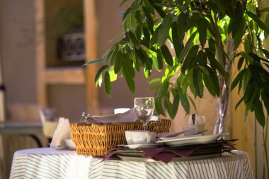 Yemek masası servis etmeye hazır, ağacın altında açık havada..