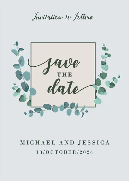 Hochzeit sparen Sie Datumskarte mit Eukalyptusblättern. Rustikaler Stil mit Platz für Ihren Text — Stockvektor