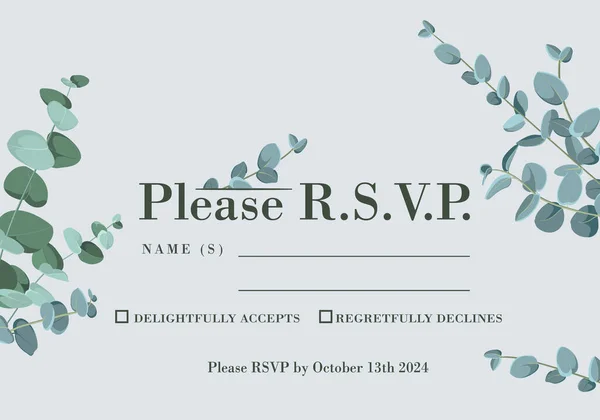 Wedding RSVP card with eucalyptus leaves. Rustic style with place for your text — Stock Vector