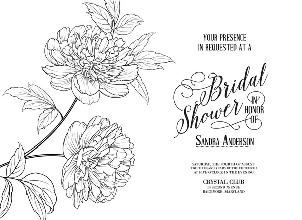 ブライダルシャワー水平カードの発表。花の線の輪郭. — ストックベクタ