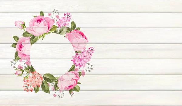Λουλούδι φόντο για το σχέδιό σας. Τριαντάφυλλο και φύλλα σε ξύλινο φόντο με κενό χώρο — Διανυσματικό Αρχείο