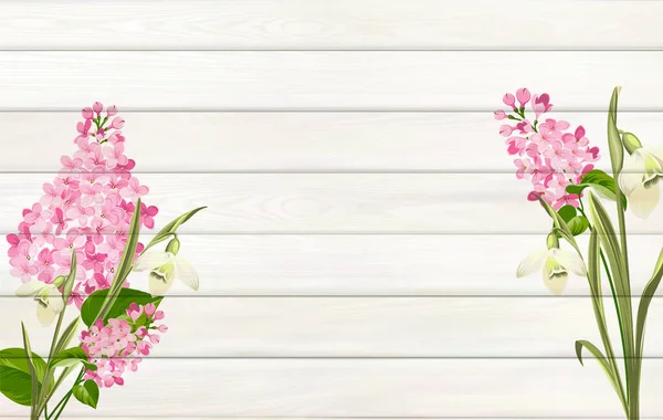 Lilac achtergrond voor uw ontwerp. Bloemblaadjes op houten achtergrond met lege ruimte — Stockvector