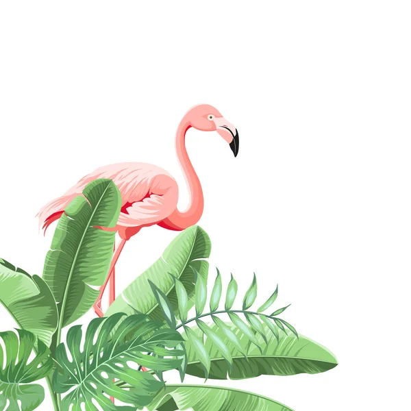 Quadro tropical de verão folha de banana exótica e flamingo. — Vetor de Stock