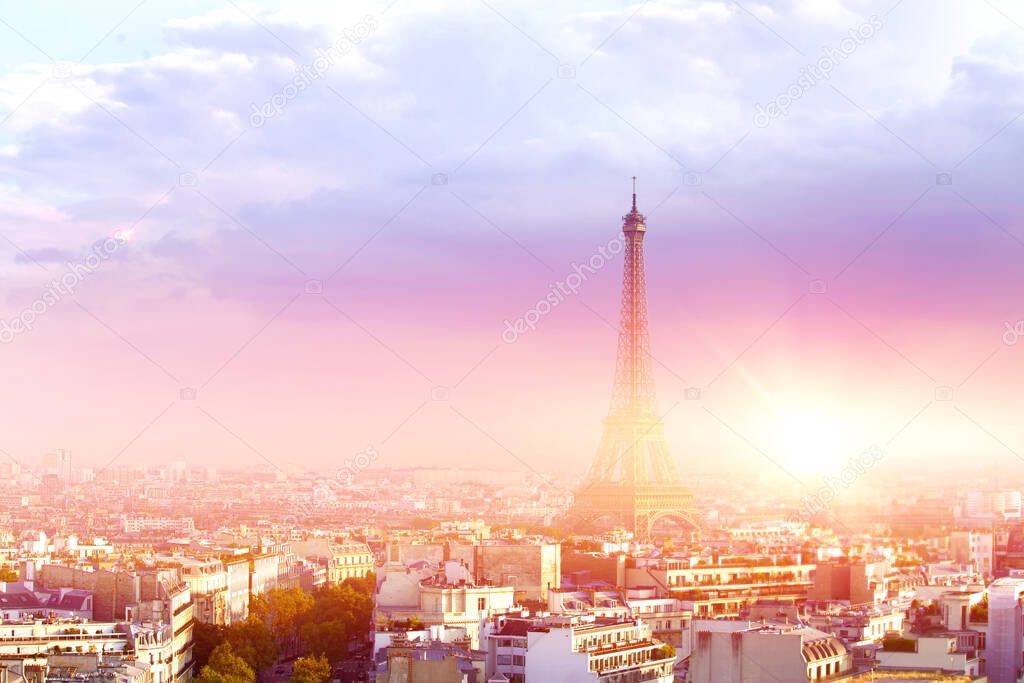 View of Eiffel Tower at sunrise in Paris, France.