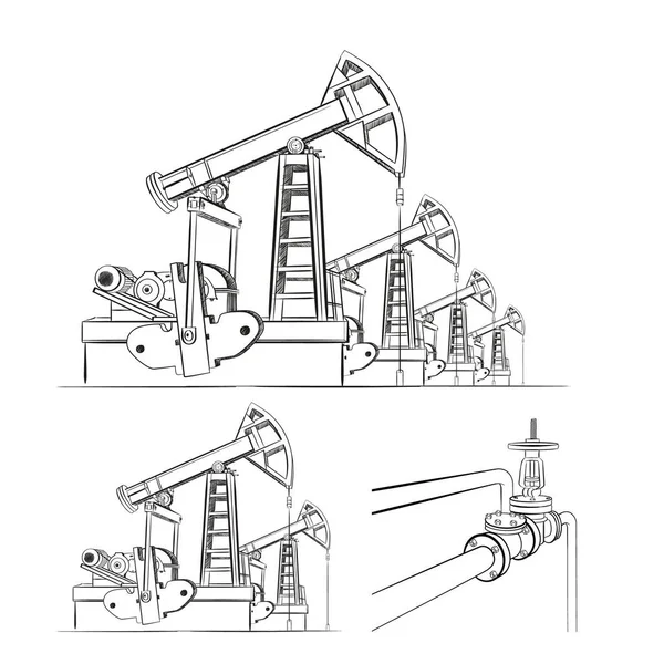 Darck silhoutte of oil rig and pumps during. — Stock Vector