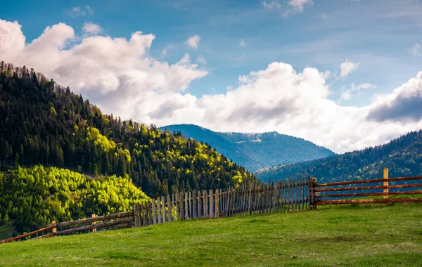 カルパティア山脈の美しい農村風景です 草で覆われた丘の中腹に沿って木製フェンス — ストック写真