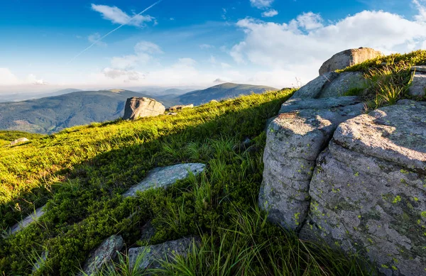 Gräsbevuxen Äng Med Gigantiska Stenblock Sluttningen Bergsryggen Vacker Solig Sommardag — Stockfoto