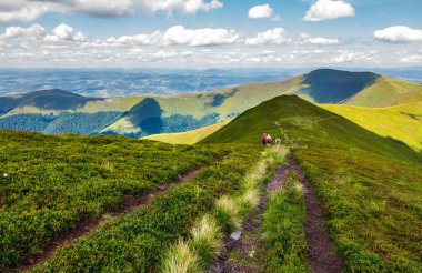 patika Borzhava dağ sırtı yaz aylarında aracılığıyla. yolunu takiben turist grubu. güzel manzara ve seyahat kavramı