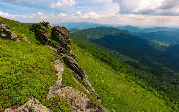 Gräsbevuxen Kulle Med Stenblock Härlig Sommarlandskap Carpathian Berg — Stockfoto