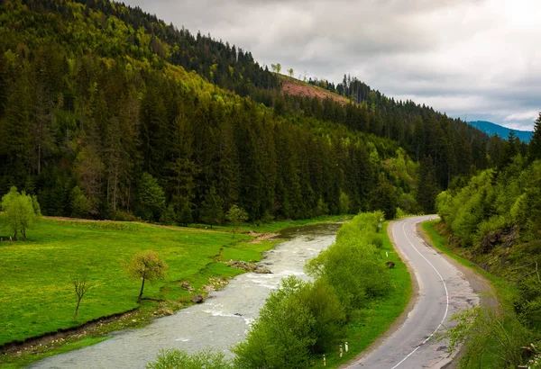 Cesta Podél Řeky Nedaleko Lesa Kopci Krásné Jarní Krajina Horách — Stock fotografie
