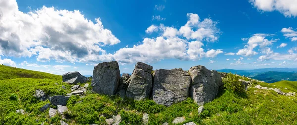 Bergiga Panorama Med Stenblock Sluttning Vacker Sommarlandskap Vid Fint Väder — Stockfoto