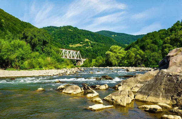 森林に覆われた山の中の川 遠くにホワイト メタルの鉄道橋の巨大な岩と美しい夏の風景 — ストック写真