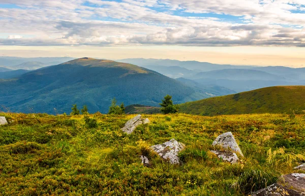 Głazy Trawiastą Wzgórzu Lecie Krajobraz Natura Piękny Pod Zachmurzonym Niebie — Zdjęcie stockowe