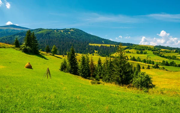 Zona Rural Montañosa Brillante Día Verano Colinas Onduladas Con Pajar — Foto de Stock