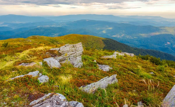 Stenblock Kanten Sluttningen Härlig Utsikt Från Runa Mountain Ukraina Grumlig — Stockfoto