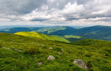 bulutlu bir günde yamaca otsu çayır. Yaz güzel dağlık manzara. konumu Runa dağ, Ukrayna