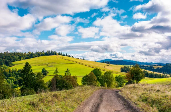 Estrada Através Prado Gramado Uma Colina Arborizada Encantadora Paisagem Natureza — Fotografia de Stock