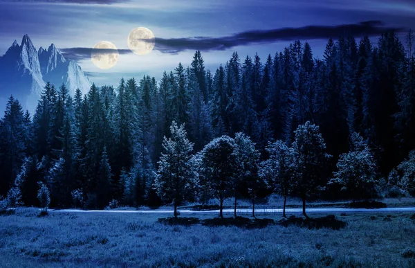 満月の光で夜の森林に覆われた風景をダブル月 遠くに山の尾根の合成画像 天文現象と偽ニュースのコンセプト — ストック写真