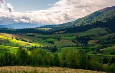 bulutlu bir günde güzel dağlık kırsal. muhteşem manzara erken sonbaharda. satır ve otsu çayır ağaçlarının. mesafe ormanlık Hill'de. yol boyunca Podobovets kırsal alanlar
