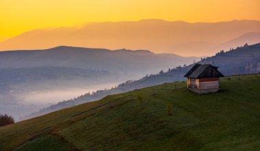 bir tepe üzerinde güneş doğarken Odunluk. güzel kırsal dağlık alanda toplayan. Mor dağlar üzerinde sarı bir gökyüzü. sis aşağı Vadisi Synevir Köyü, Transcarpathia, Ukrayna
