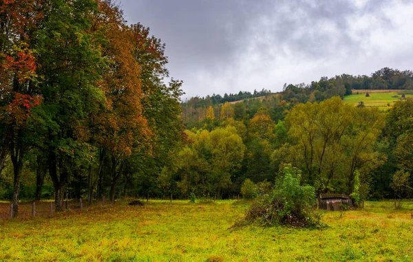 荒废的花园在秋天朦胧的天气 山与草堆在农村领域在距离 — 图库照片