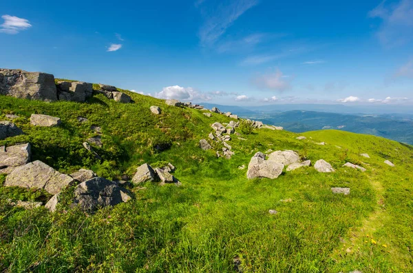 Travnatá Louka Svahu Obrovské Skalní Formace Krásné Letní Krajina Nádherné — Stock fotografie