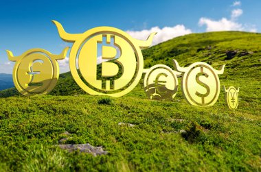 Bullish currency on the top of a hill. green summer mountain ascending trend. stand proud on the peaks at high noon. demanding or bull market concept. composite image with tilt shift effect clipart