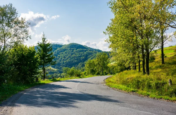 Landsvägen Ner För Backen Skogen Längs Vägen Och Bergen Fjärran — Stockfoto