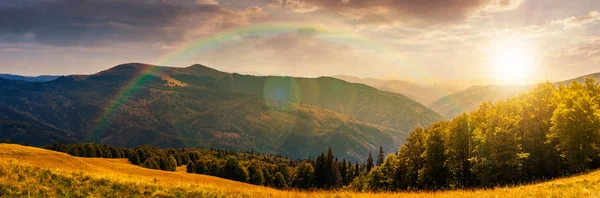 Панорама Горного Пейзажа Радугой Травянистый Луг Вниз Холму Лес Прекрасный — стоковое фото