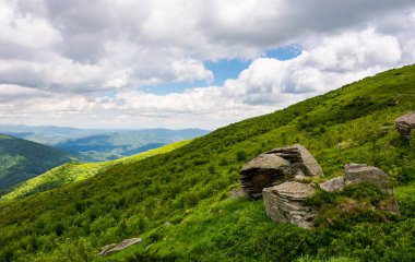 güzel yaz manzara dağlarda. çimenli tepe bulutlu gökyüzü altında. Harika doğa arka plan