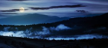 kırsal gece dolunay ışık Panoraması. vadi ve hill yükselen sis ile dağlarda güzel manzara