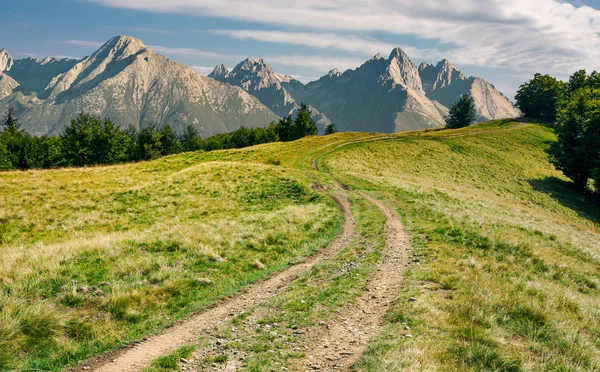 Paisagem Composta Com Montanhas Hight Tatra Estrada Rural Para Floresta — Fotografia de Stock