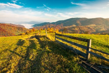 güzel kırsal, sisli sonbahar gündoğumu. ahşap çit ormanlık tepelerde kırsal alpin çayır kırmızı yapraklar arasında. bulut inversiyon uzak Vadisi'nde. güzel sezon renkleri