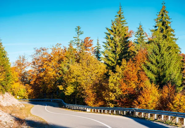 蜿蜒的山路在秋天的森林里 可爱的自然风光与五颜六色的树叶 旅行欧洲由汽车概念 — 图库照片