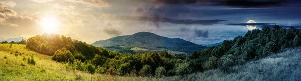 Cambio Tiempo Concepto Paisaje Montañoso Panorámico Bosque Prado Herboso Alta — Foto de Stock